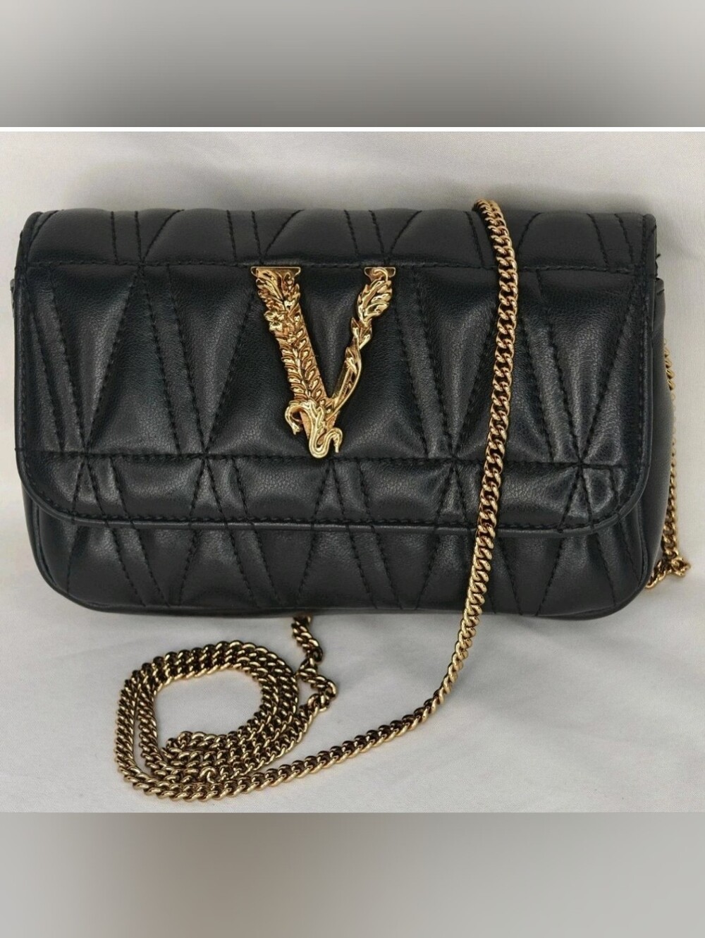 Versace Virtus Quilted Nappa Leather Mini Crossbody Bag Black w/ Gold Chain